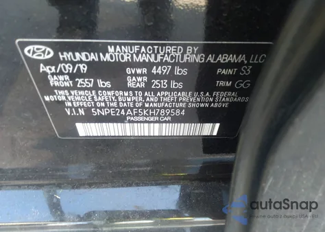 2019 Hyundai Sonata Se из США, поврежденный, VIN 5NPE24AF5KH789584